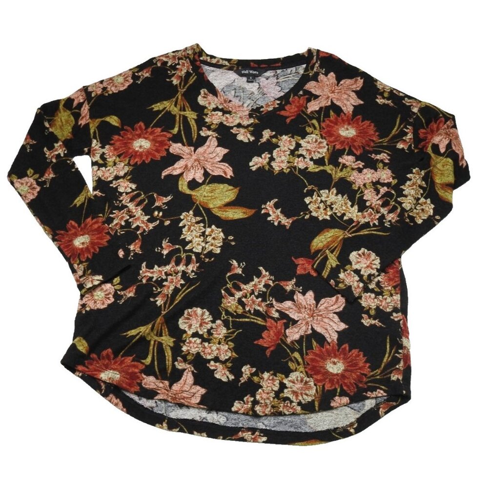 Well Worn Floral Long Sleeve Top Small Black V Neck Boho Stretch Lightweight - Picture 4 of 9
